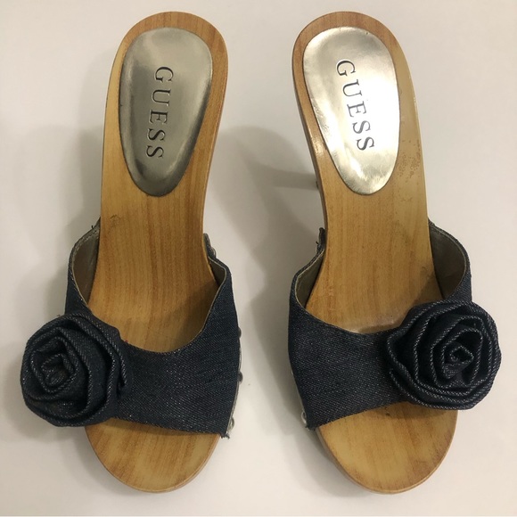 GUESS Wooden Clogs Heel Sandals - Dark Blue Denim with Flowers - Picture 3 of 10
